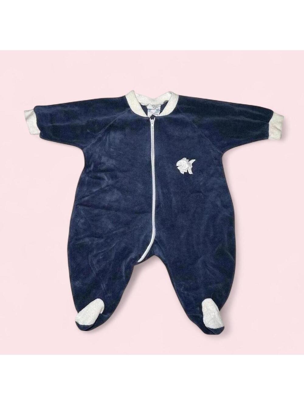 Vintage Popcorn Navy Blue Velvet Onesie Zip Up Size 12 Months